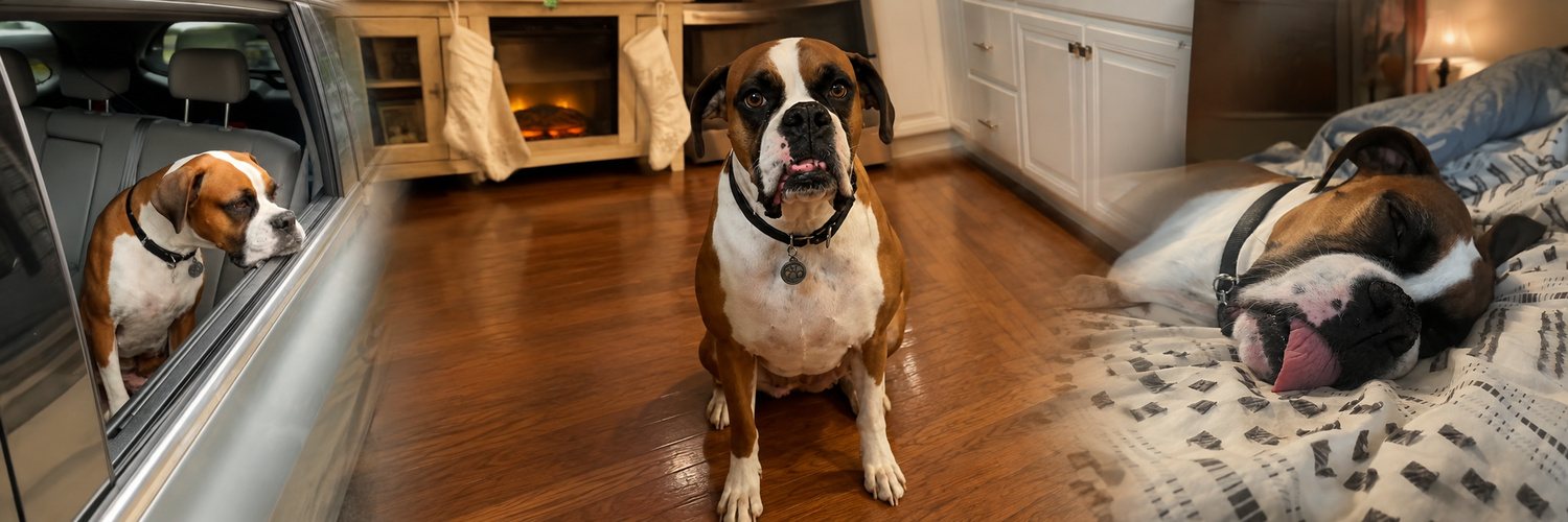 Bailey riding in a car, sitting by the fireplace, and asleep on a bed
